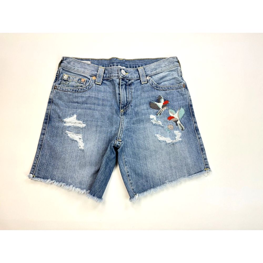 True Religion Jayde Embroidered Birds Denim Shorts Women 28 Cotton Distressed